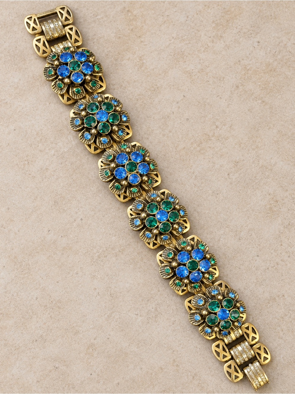Vintage Book Chain Bracelet Blue Green Rhinestone Floral Gold Tone 7.25”